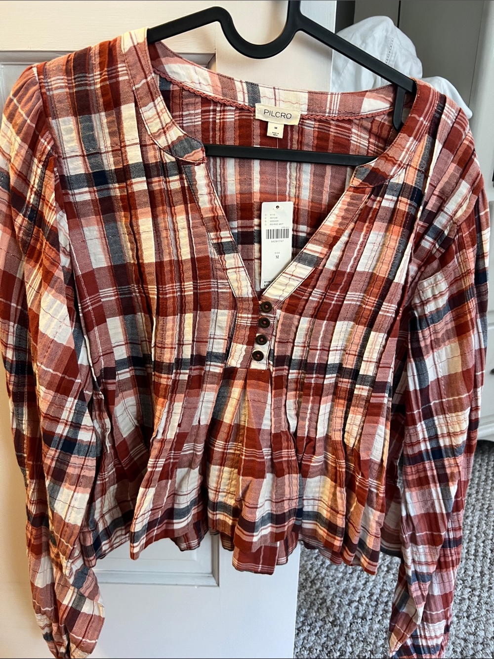 Pilcro Plaid Henley Tunic in Rust, Cream, Navy and Blush